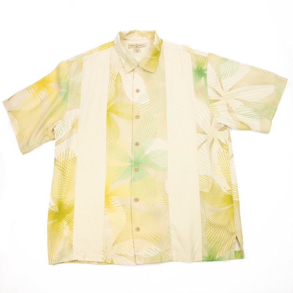 Tommy Bahama Mens L‎ Cream Yellow Floral Beach Camp Hawaiian 100% Silk Shirt